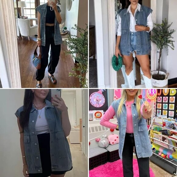 Women’s Vintage Denim Jean Vest Oversized Button Down Jean Waistcoat Gilet - Picture 4 of 4
